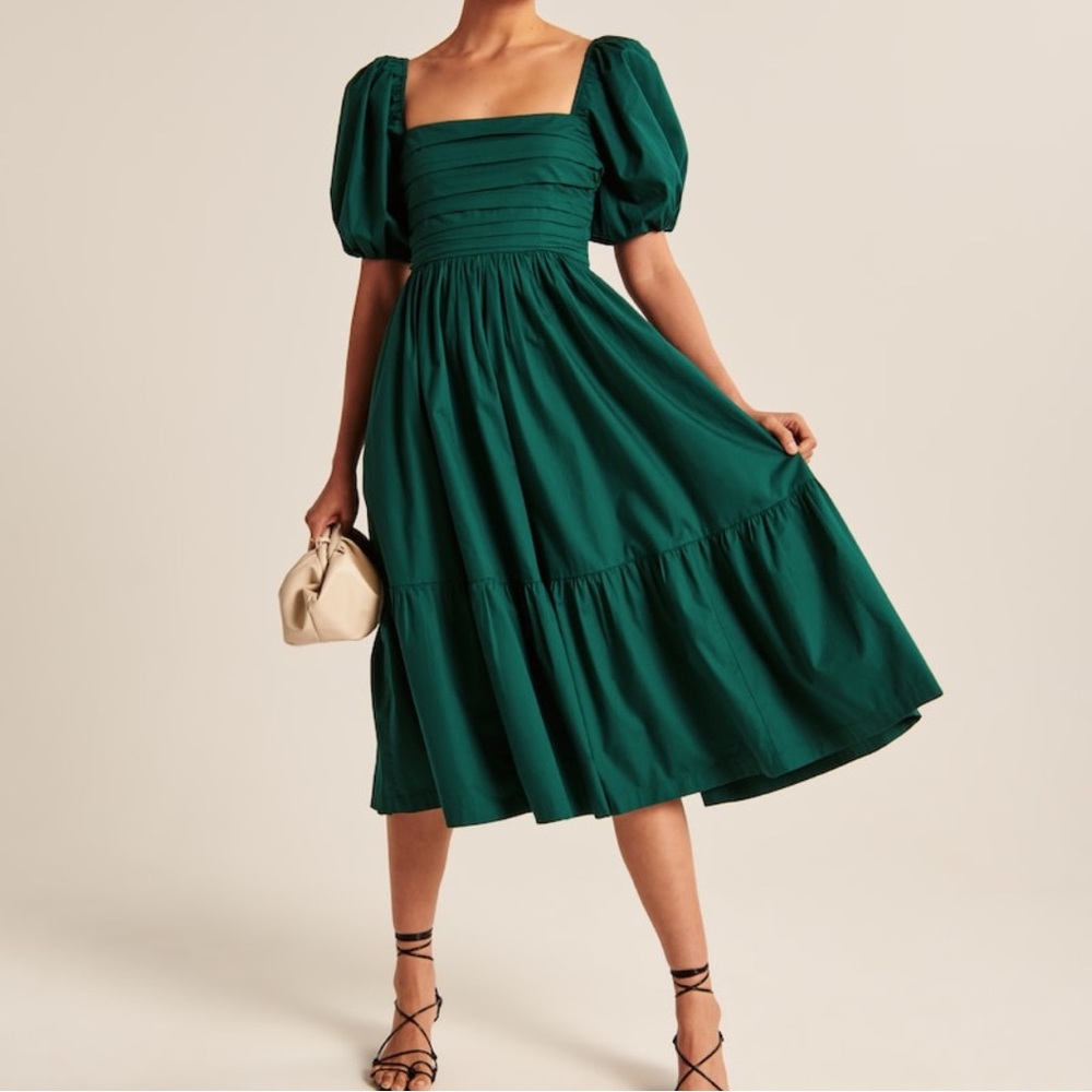 Ruched Puff Sleeve Midi Dress Green Medium NWT